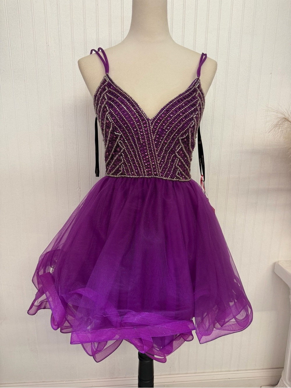 Beaded V-Neck Purple Tulle Mini Dress